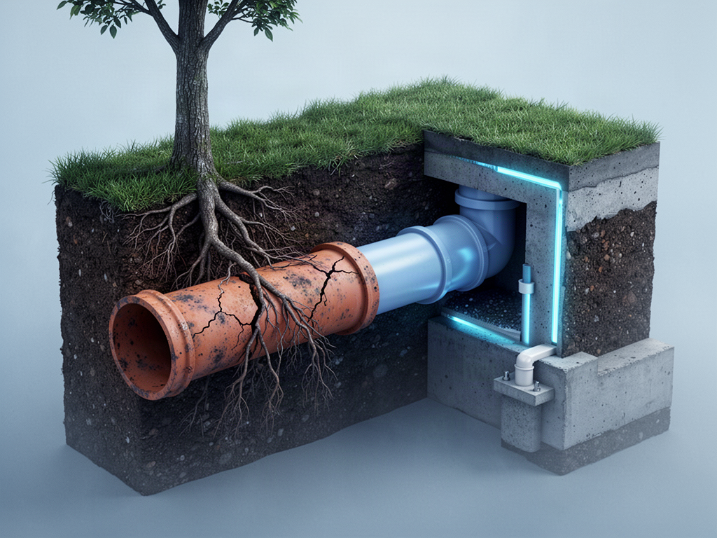 Educational 3D cutaway depicting damaged underground sewer pipe and a modern replacement line